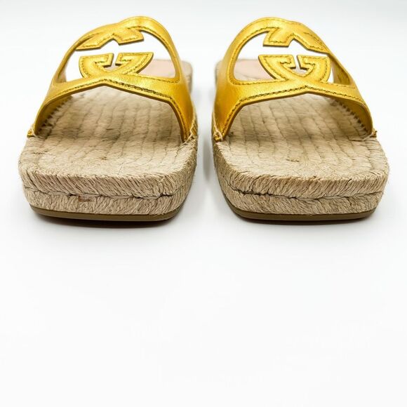 Gucci InterlockingGG Gold Leather Espadrille Sandals Slides Cutout Size 40, US 1 - Picture 3 of 13